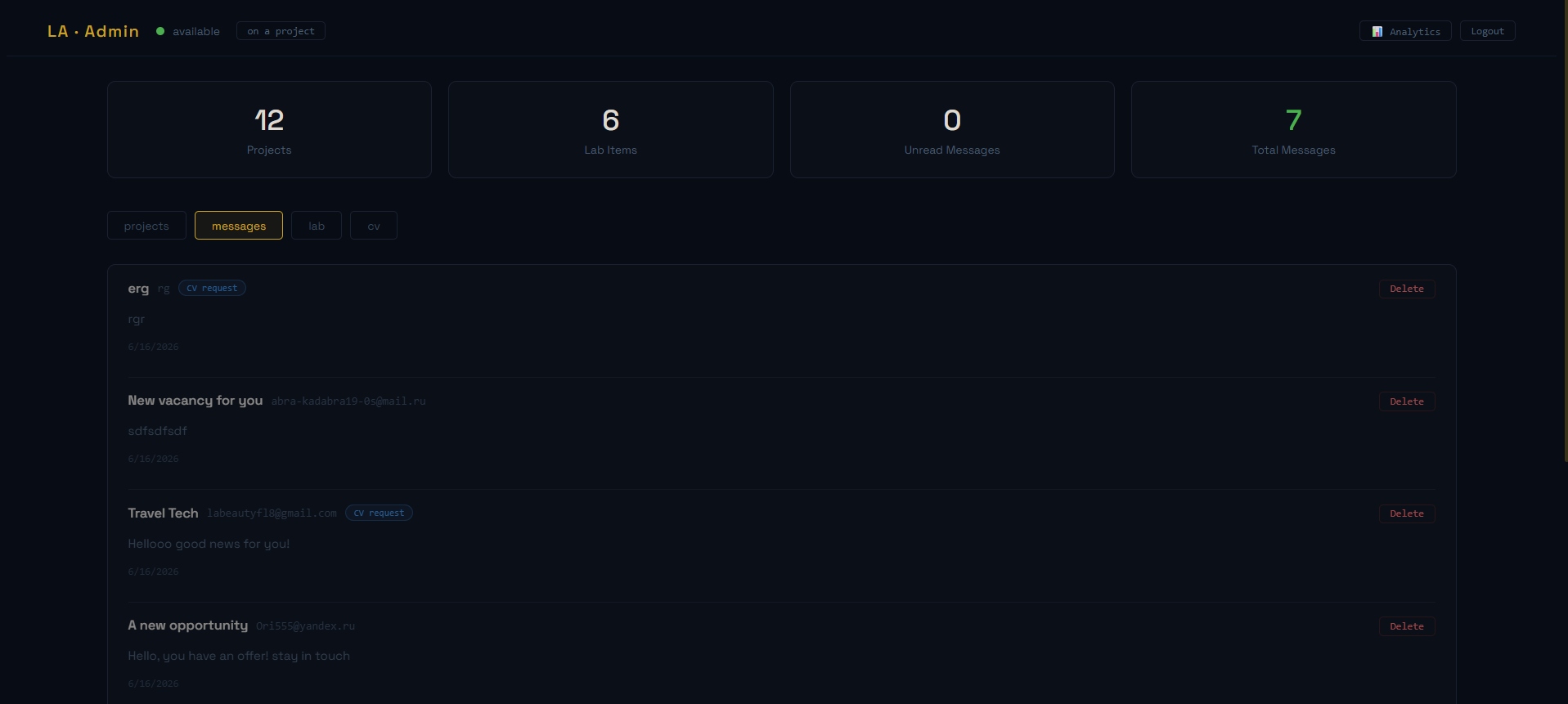 Admin messages tab