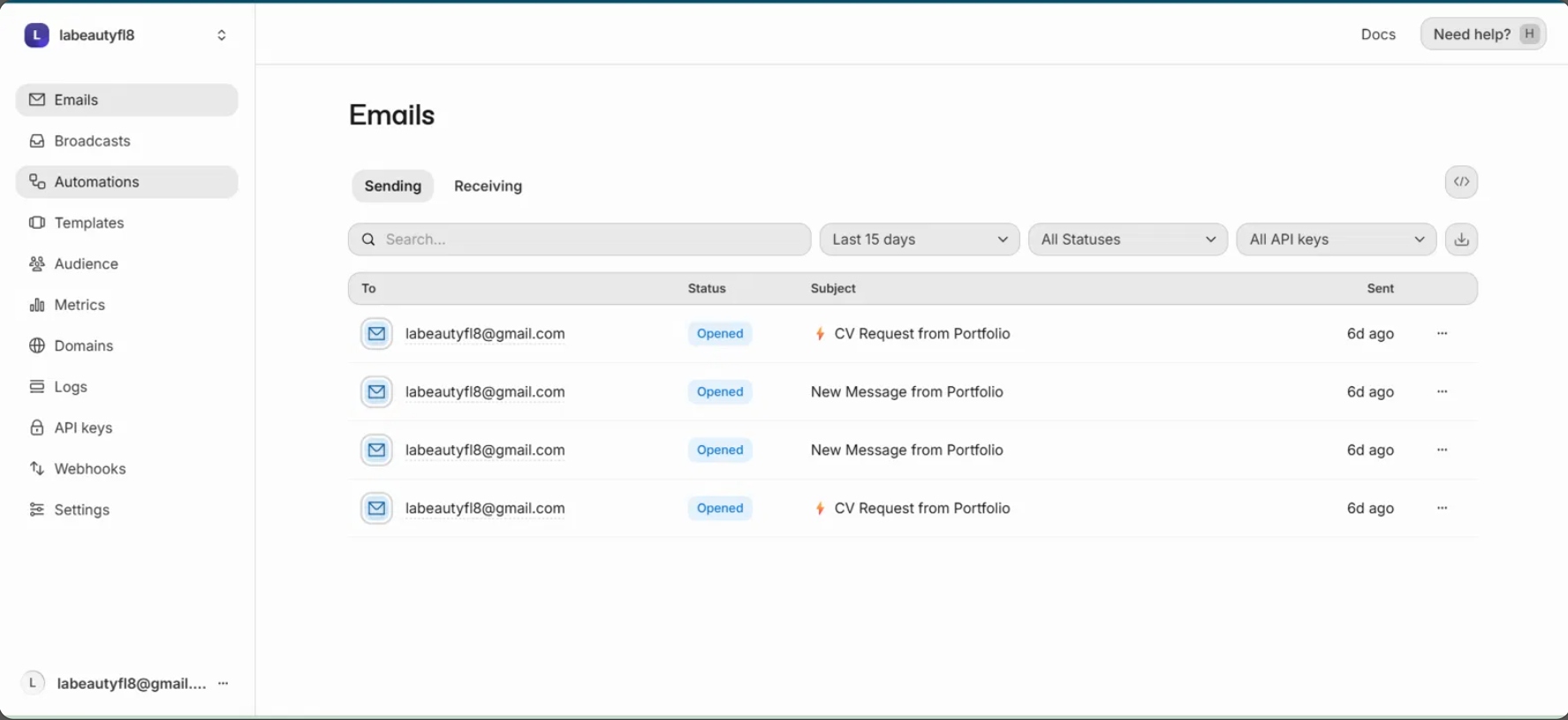 Resend email log for portfolio messages