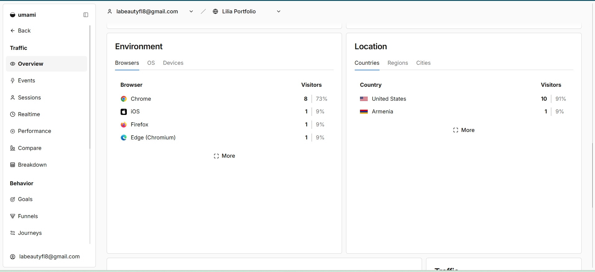 Umami overview with browsers and visitor countries
